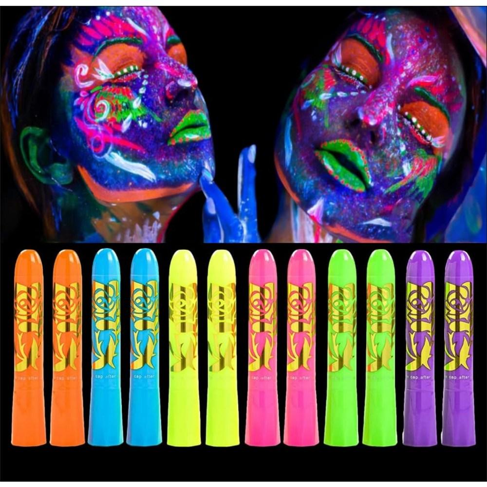Birthday Halloween Masquerade Makeup Outdoor Light Body Face Painting Kit UV Crayons Fluorescent 6 Colors 12 Pcs Multicolor