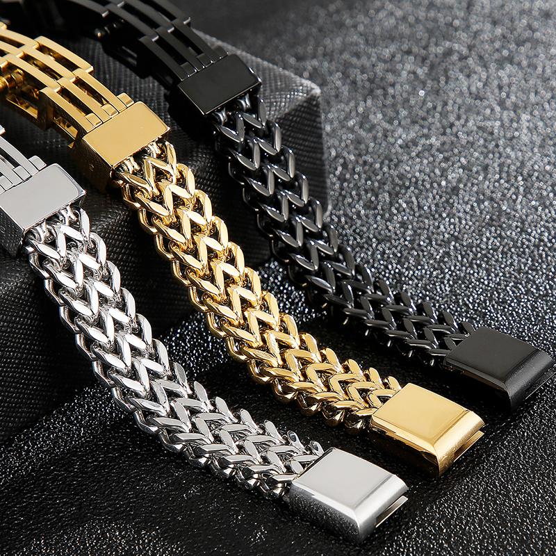 Gold Color Stainless Steel Bracelet Men 11MM Link Chain Men's On Hand Bands Bracelets Male Jewellery Iron Mannen Armband