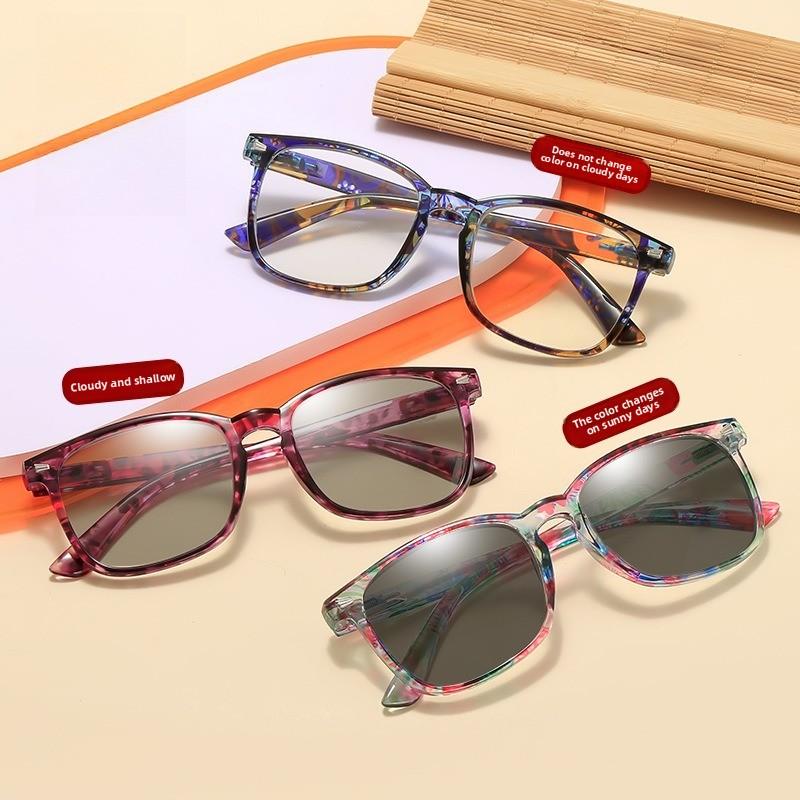 Lunettes de lecture photochromiques dernière mode unisexes Monture florale tendance Verres haute définition anti-lumière bleue Presbytie +4.0