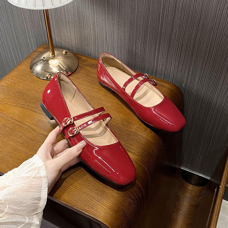 Fashion Double Belt Strap Mary Janes Woman Lolita Ballets Shoes Ladies Japanned Leather Flats Female Round Toe Brides Wedding Ballerinas