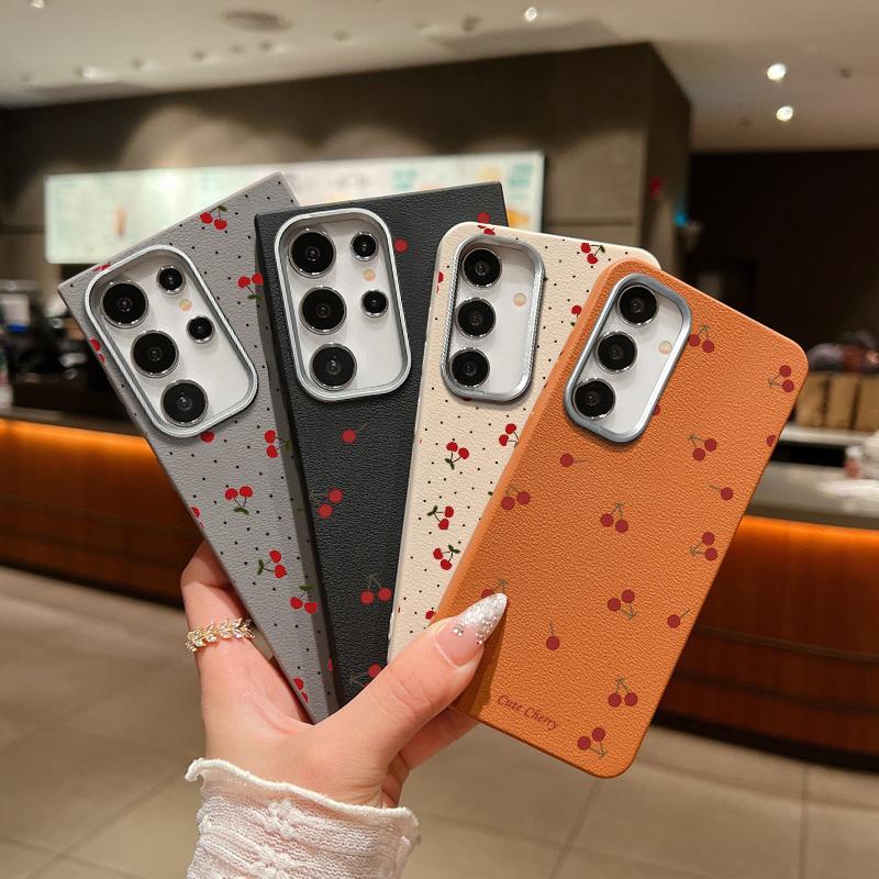Cherry Wave Point Print Soft Phone Case For Samsung S25 Ultra S24 FE S23 S22 A16 A56 A55 A36 A15 A26 TPU Matte Leather Texture Shockproof Slim Cover