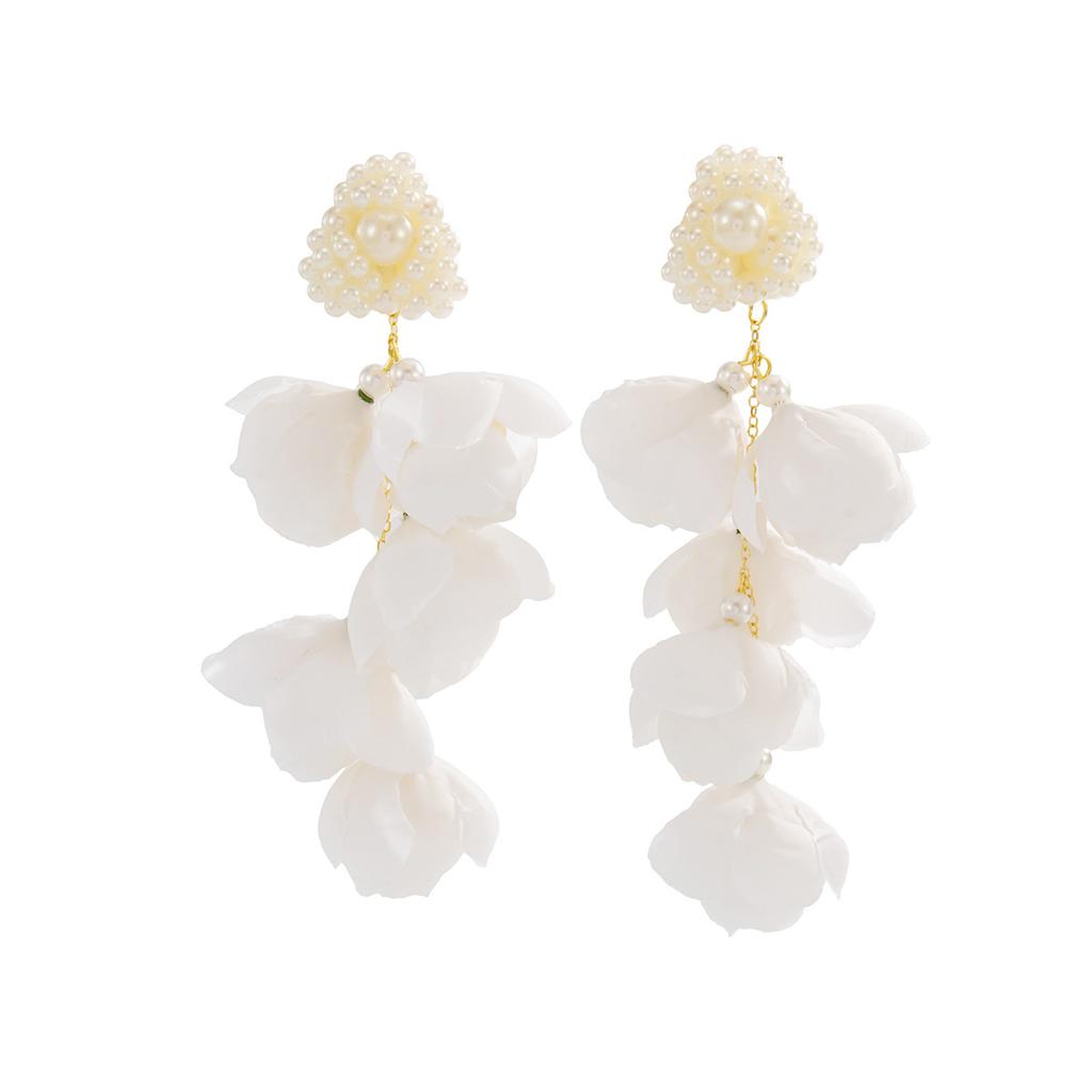 Pendientes de botón con colgante de flor grande de malla exagerada para mujer, Pendientes de botón con capullo de rosa tridimensional de imitación de perla al viento