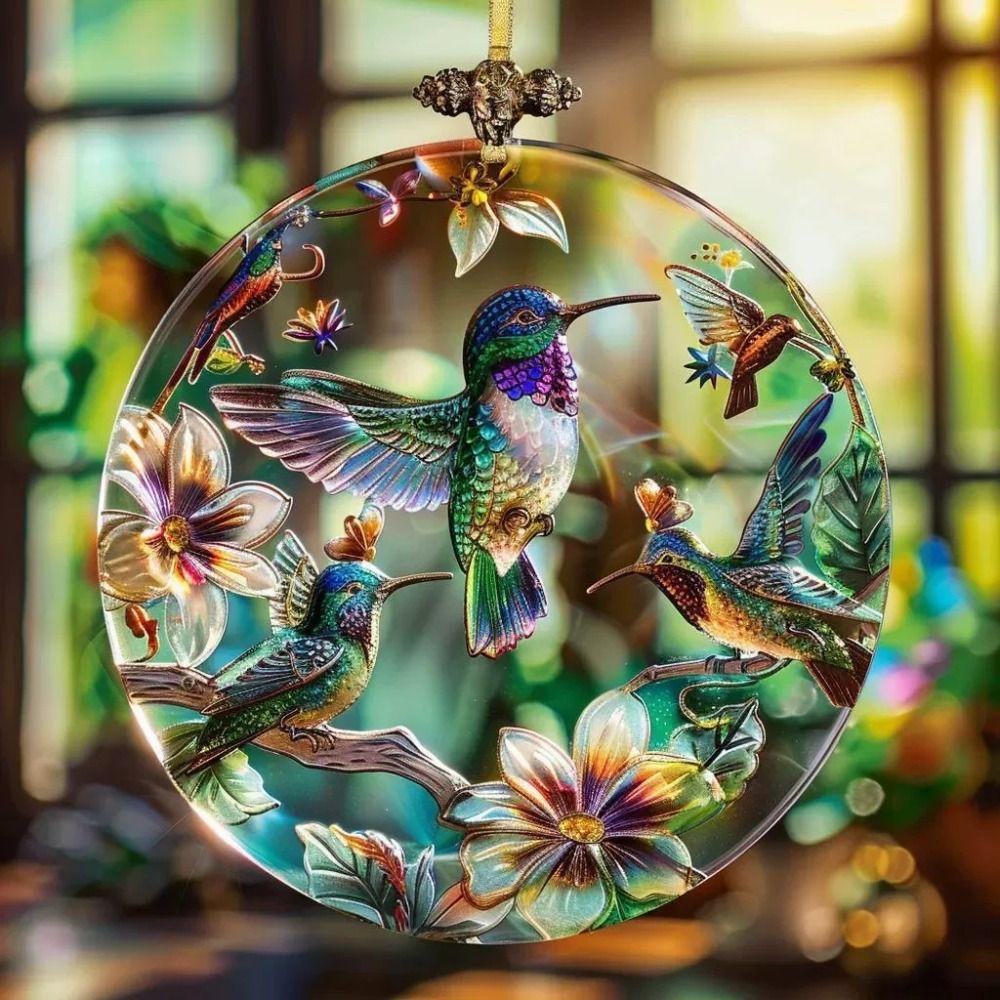 Portable Acrylic Hummingbird Hanging Suncatcher Flat Round Window Pendant Ornament Colorful Garland Decoration Window