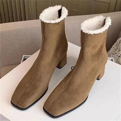 Square Toe Fur Women Ankle Snow Boots Fashion High Heels Suede Plush Shoes Woman Winter Brand 2025 Trend Warm Pumps Botas Mujer