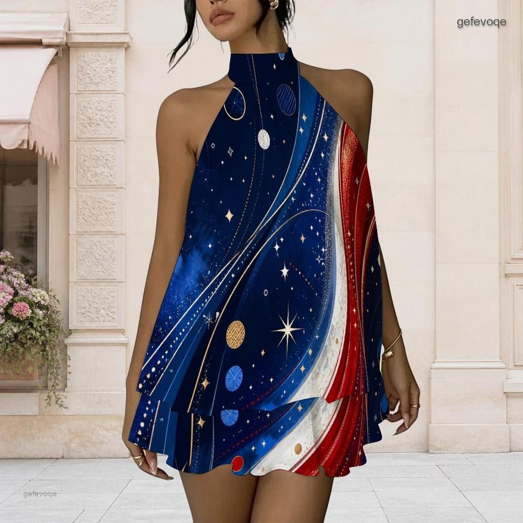Women Plus Size Halter Backless Fake Two Piece Dress Cosmic Planet Star Patriotic Print Mini Dress