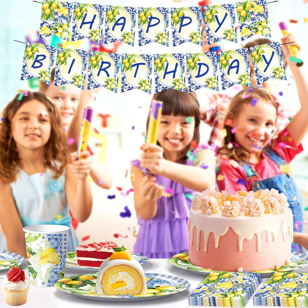 Retro Blue and White Porcelain Lemon-Themed Summer Party Tableware Set - Banner, Paper Plates, and Bunting Decorations