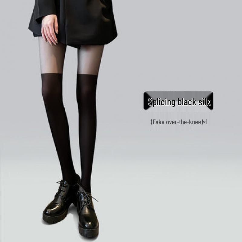 Women's Spring-Autumn Thin Spliced Black Stockings - Calf-Length, Fake Over-the-Knee Pantyhose