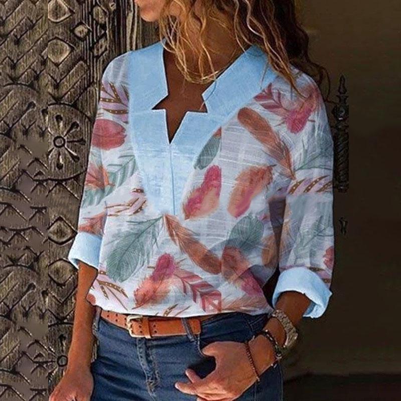 Women's V-neck Zipper Feather Print Long Sleeve Loose T-shirt main image 0