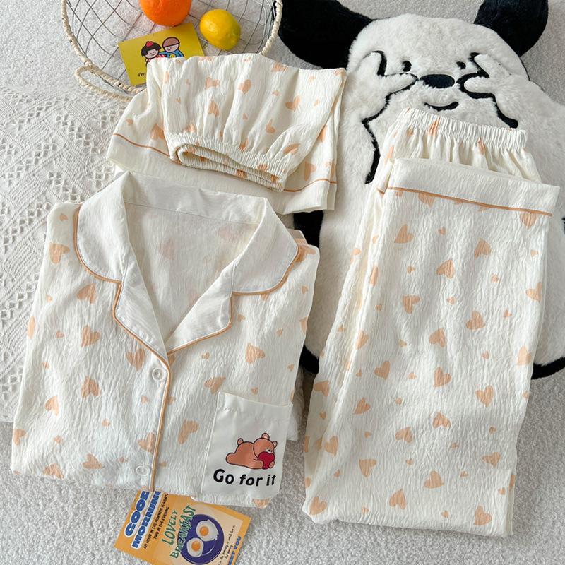 Simple Love Cartoon Cloud Cotton Pajamas Women'S Summer Loungewear Short-Sleeved Three-Piece Set