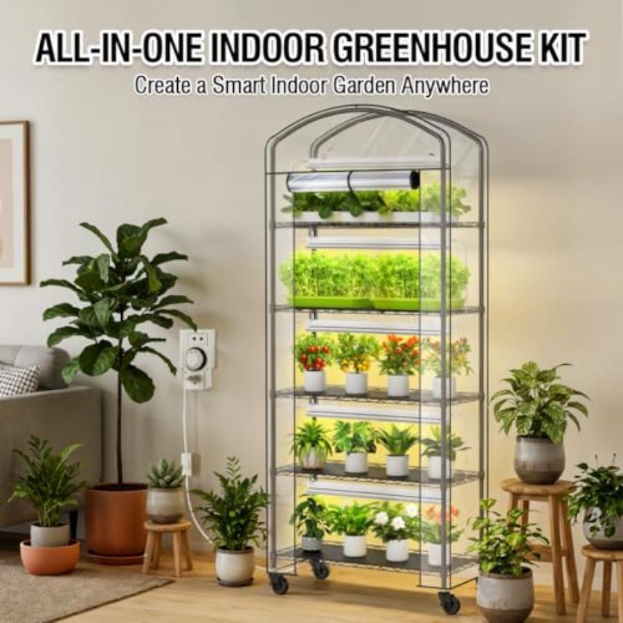 Portable Mini Greenhouse Tent with Grow Light and PVC Cover 5-Tier Adjustable Metal Plant Stand for Indoor Plants Seed Starting