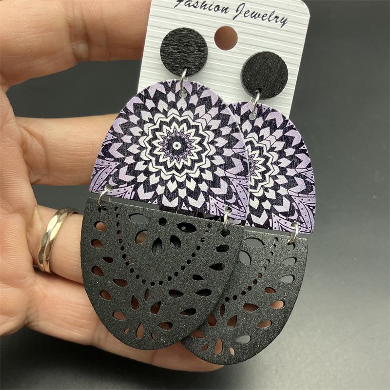 European Retro Wooden Long Print Earrings with Hollow Design