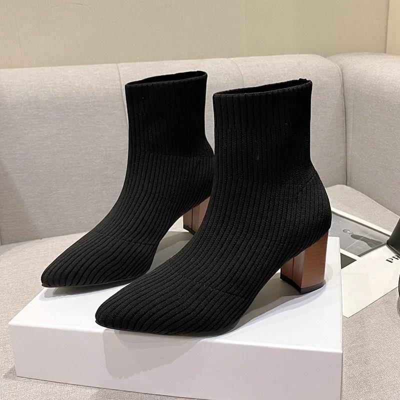 Winter Knitting Sock Boots Women Shoes High Heels Pointed Toe Ankle Boots Brand 2025 Trend New Comfort Elegant Dress Botas Mujer