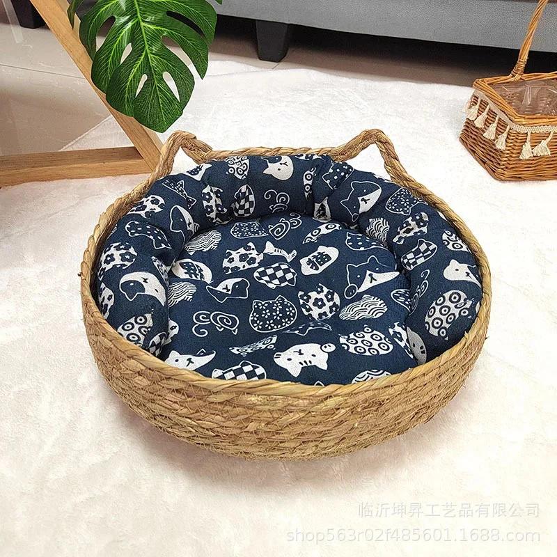 Cesto Culla Intrecciato in Rattan con Cuscino Morbido Design Rotondo Ciambella Nidino Accogliente Caldo Confortevole per Gatti e Cani