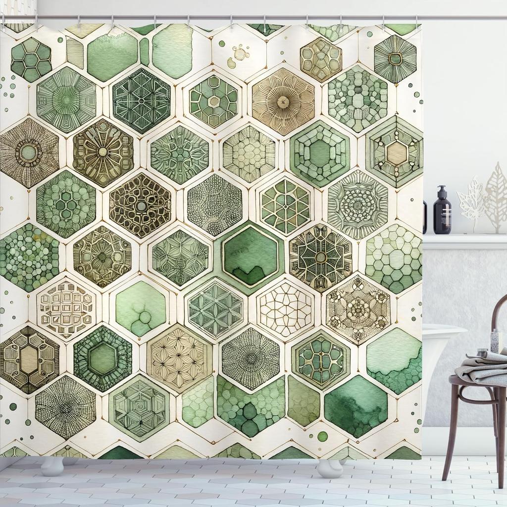Sage Green Shower Curtain, Hexagon Honeycomb Pattern with Abstract Trippy Ornaments Jade Tones, Cloth Fabric Bathroom Decor Set
