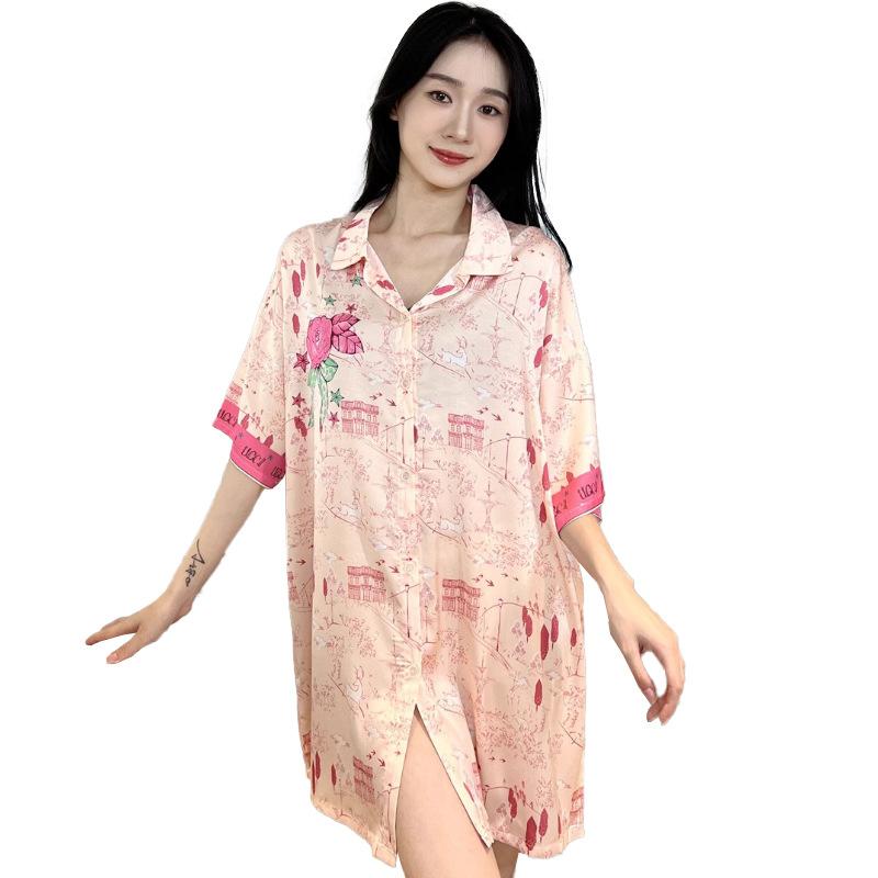 Pink Sweet Wind Loose Rose Print Shirt Nightdress Women's Casual Fashion Can Be Worn Outside Loungewear