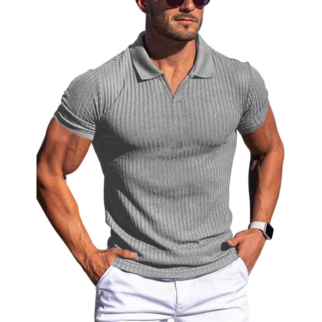 European & American Summer POLO Shirt - Men's V-neck, Lapel, Vertical Stripe, Short Sleeve T-shirt