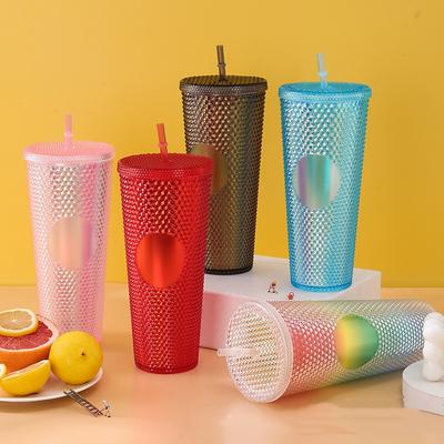 1PC 710ML Straw Cup with Lid Studded Finish Double Wall Coffee Mugs Plastic Studded Durian Tumblers Cold Bling Cup Customized