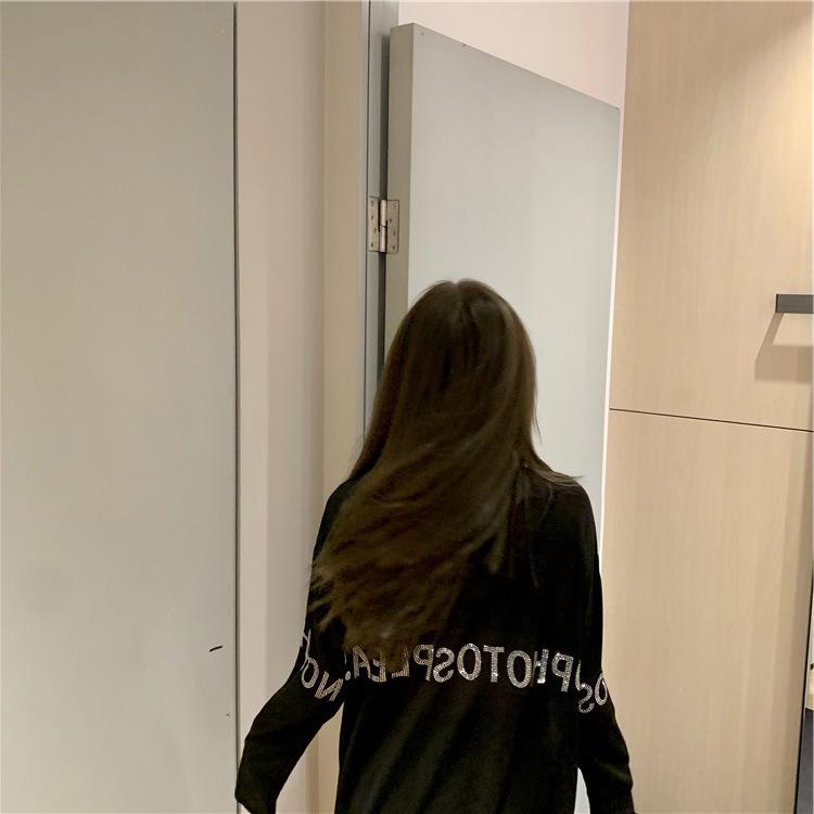 Autumn Women's Trendy Rhinestone Black Long Sleeve Loose Fit Top - Plus Size Slimming Cover-up