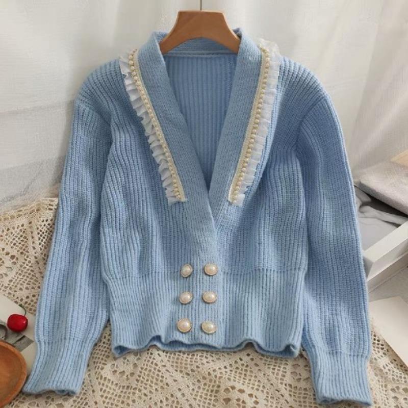 

Кружева, сращивание, бисер, вязаные кардиганы, свитера для женщин, модные двубортные свитера с длинным рукавом, куртки, женский облегающий зимний кардиган 25536 One Size синий