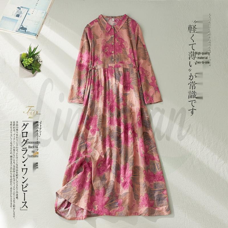 2026 Early Spring Floral Print Retro Vacation Dress - Round Neck Cotton Linen L