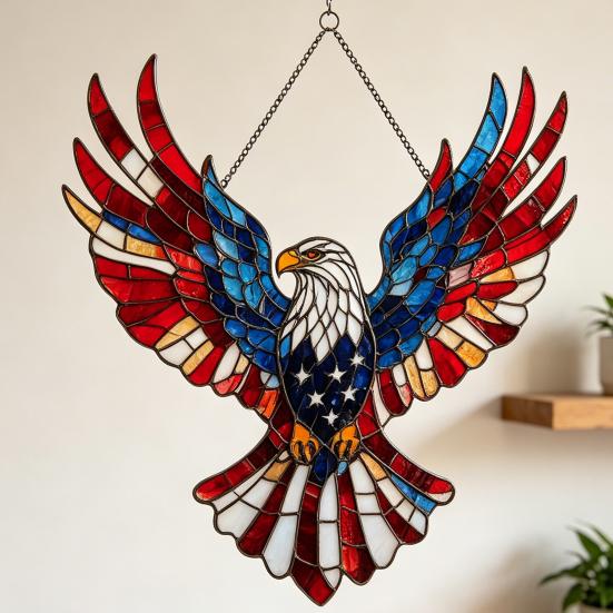 4th of July Suncatcher for Window Hanging Acrylic Stained Glass Heart/Eagle Ornament Patriotic Red White Blue Sun Catcher Panel for Memorial Day Decor