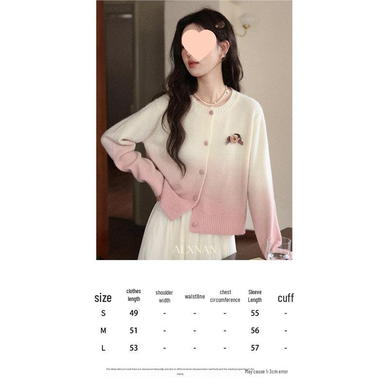 Lu Xiangnan Women s Gradient Pink Round Neck Knit Top, Autumn Long Sleeve Sweater Jacket L