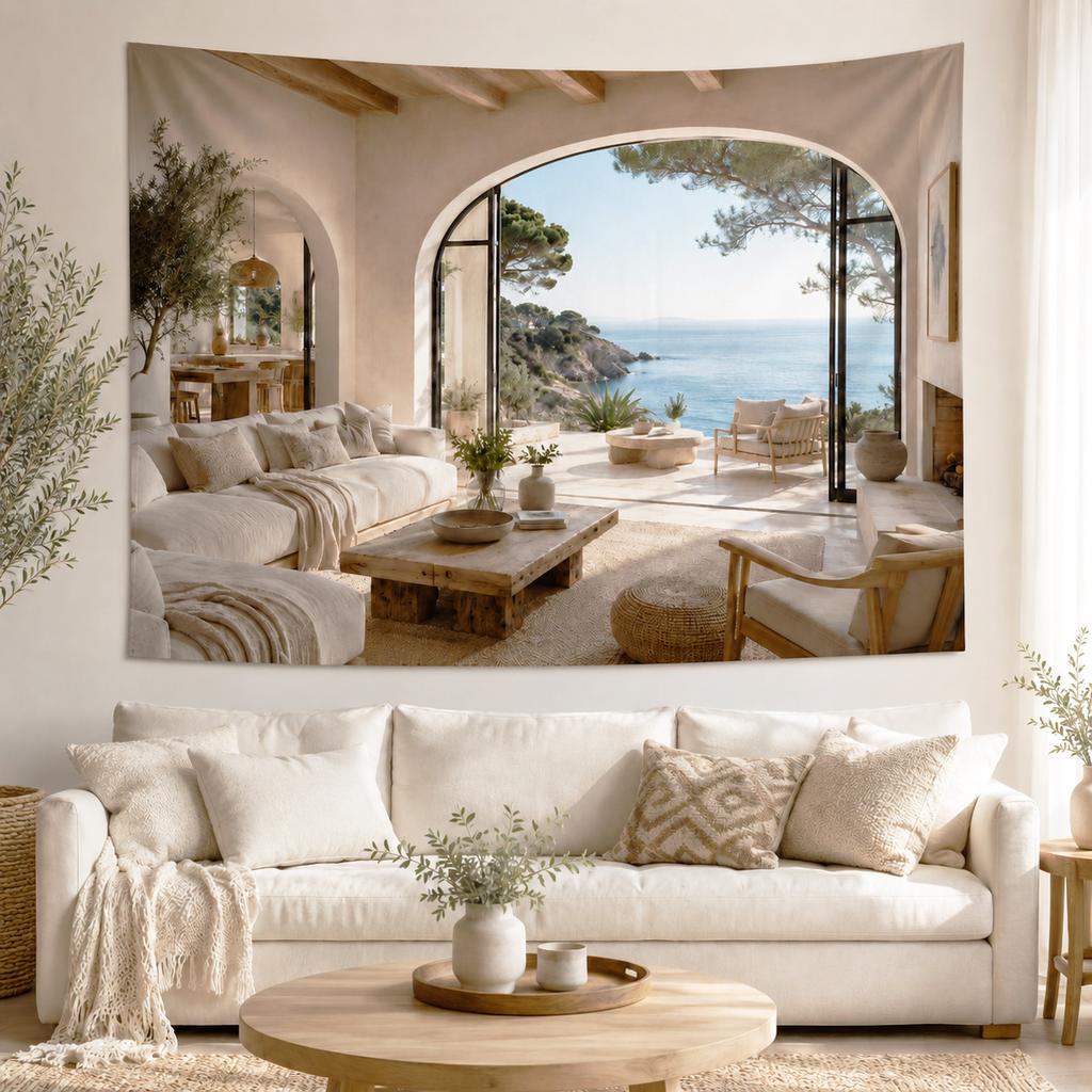 Sea View Arch Tapestry Mediterranean Wall Hanging Coastal Boho Room Decoration Living Bed Room