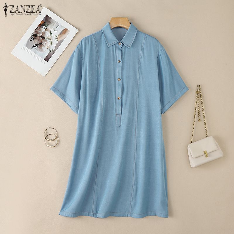 ZANZEA Women Casual Turn Down Collar Solid Color Half Sleeve Loose Shirt Dress