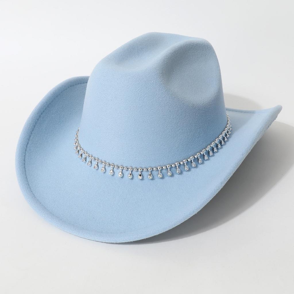 Women's Unisex Western Cowboy Hat with 3D Round Gems, Rhinestones, Rivets, and Chain Decorations, Wedding Party Hat
