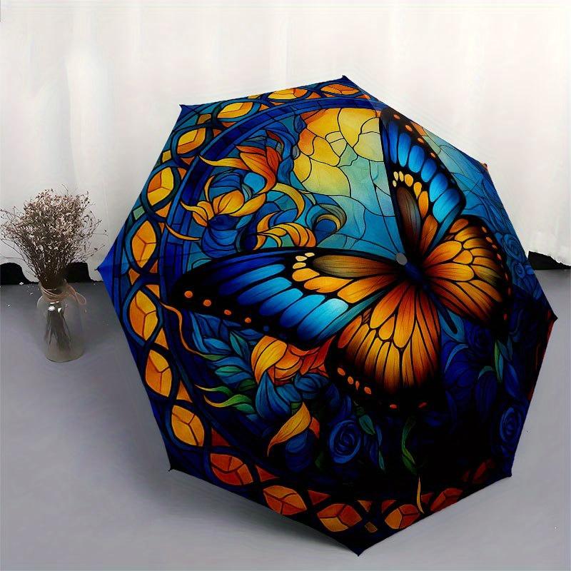 Stunning Stained Cute Butterfly Window Art Umbrella, Cute Umbrella with Cute Design, Portable 3-Fold Compact Umbrella for Men & Women, Valentine's Day