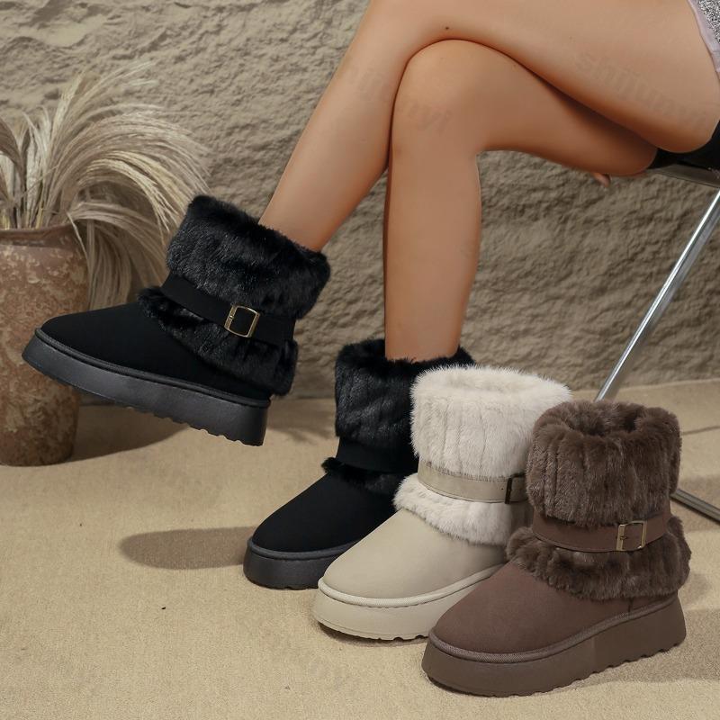 Fashion Women's Belt Buckle Vintage Snow Boots Winter New Thicken Plush Non Slip Cotton Shoes Height Increase Comfort Outdoor Warm Shoes