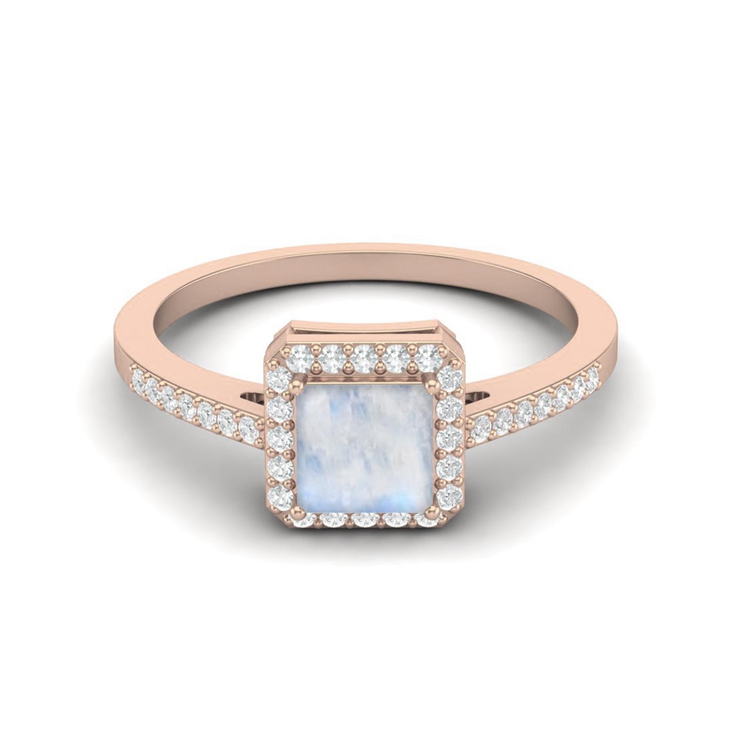 

6 MM Square Shape Moonstone Halo Accent 925 Sterling Silver Rose Vermeil Women Wedding Engagement Ring 11