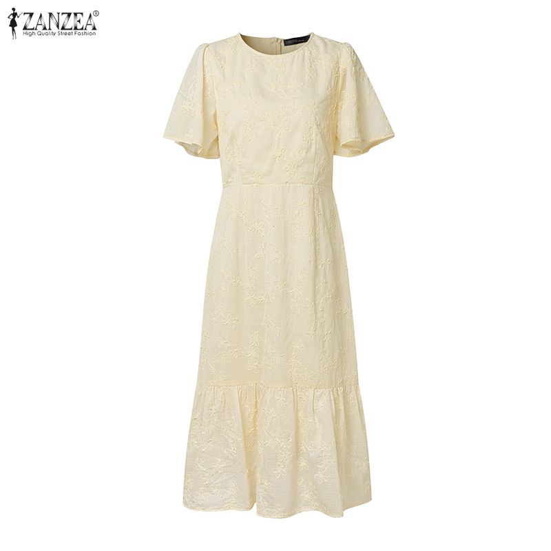 ZANZEA Women Casual Round Neck Short Sleeve Elegant Patchwork Lace Dress