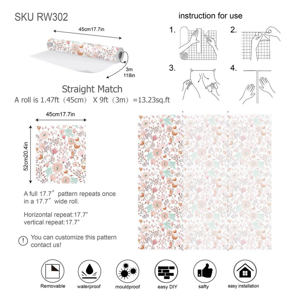 Modern Farmhouse Floral Wallpaper PVC Leaf Flowers Wall Stickers Removable Waterproof Decorative Paper For Home Decor