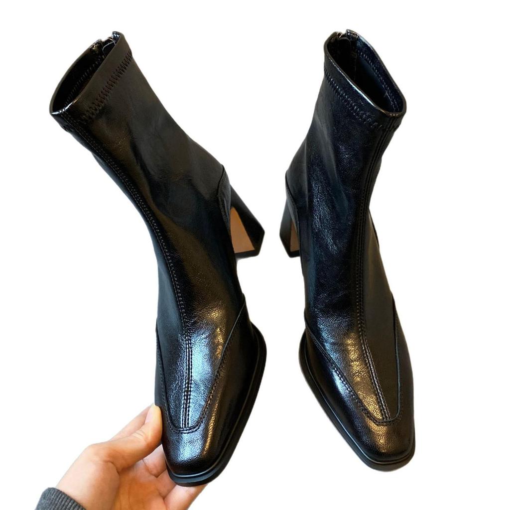 Botines Coreanos de Tacón Grueso y Punta Cuadrada - Diseño Retro Elástico Adelgazante con Cremallera Trasera para Mujer.