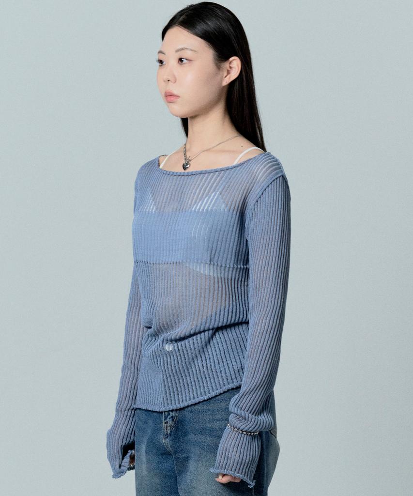 Tobaseu Boat Neck Knit With Varied Scallop Detail (Vintage Blue)
