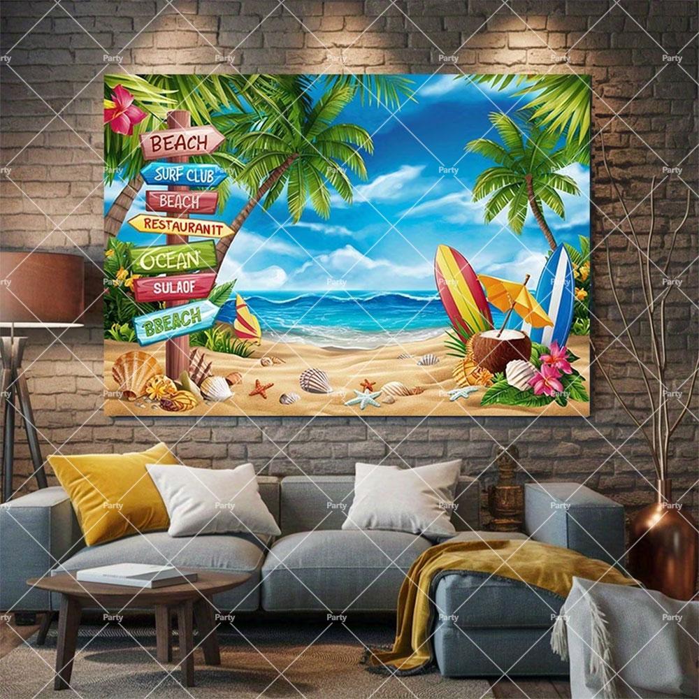 Hawaiian Tropical Summer Beach Background with Flamencos, Flowers, Aloha, Luau, Surfboard, for Parties, Photographic Studio Decoration