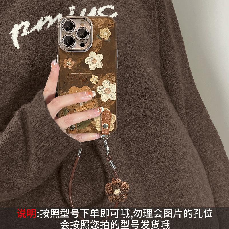 Retro oil painting flower lanyard suitable for 17 mobile phone case iphone premium feeling new