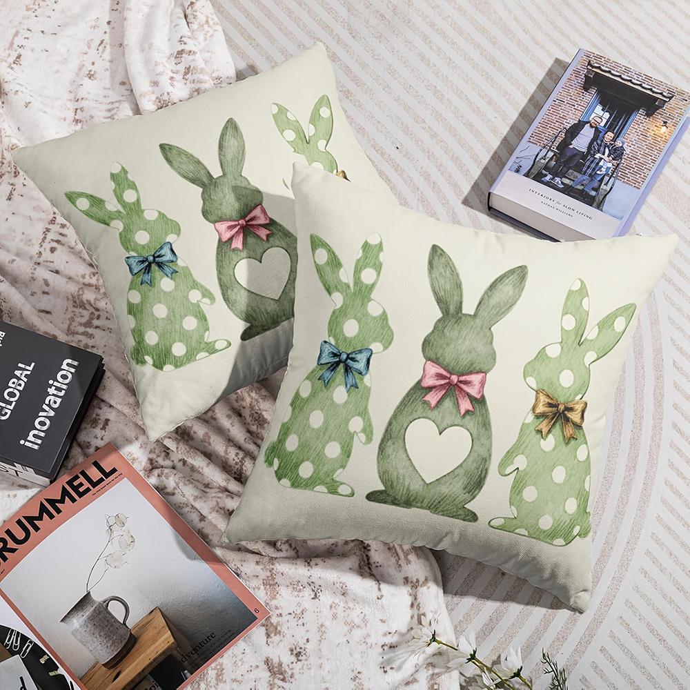 Easter Green Polka Dot Bunny Pillow Cover Faux Linen Print Heart Bow Spring Decor Soft Cozy For Sofa Bed Living Room