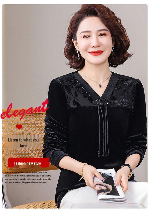 Elegant Chinese Style Golden Velvet Long Sleeve Top - Slim, Fashionable Base Layer for Plus Size, Spring & Autumn.