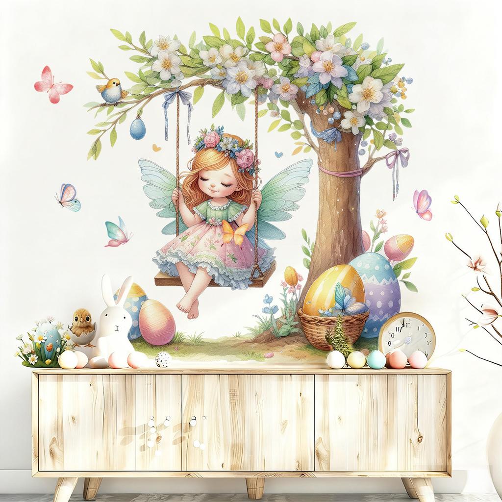 Autocollants Muraux Fée de Printemps Pâques Décalcomanies de Fenêtre pour Chambre de Fille Chambre Salon Décor de Fond Maternelle 2026