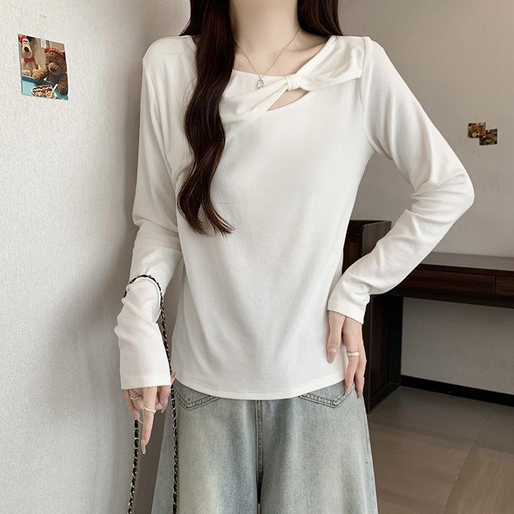 New Plus Size Women s Slimming Bow Hollow Out Long Sleeve T-Shirt 2XL