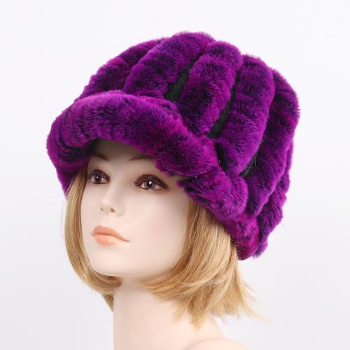 

Новые женские вязаные шапки из натурального меха кролика рекс в полоску, зимние теплые шапки с цветочным узором из натурального меха, женская шапка из натурального меха, оптовая и розничная продажа фиолетовый