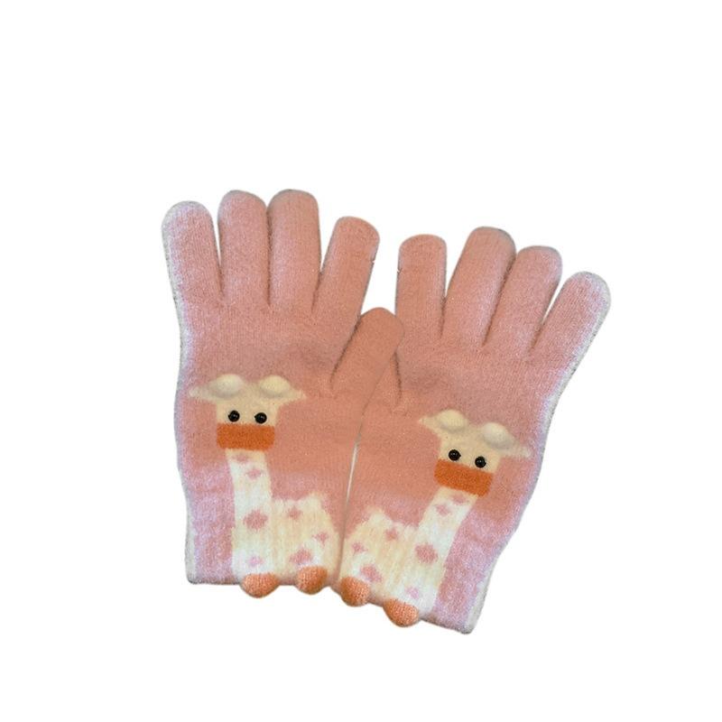 Cartoon Thermal Gloves Women Winter Thickened Cute Couple Student Cold Knitted Wool Riding Five Fingers