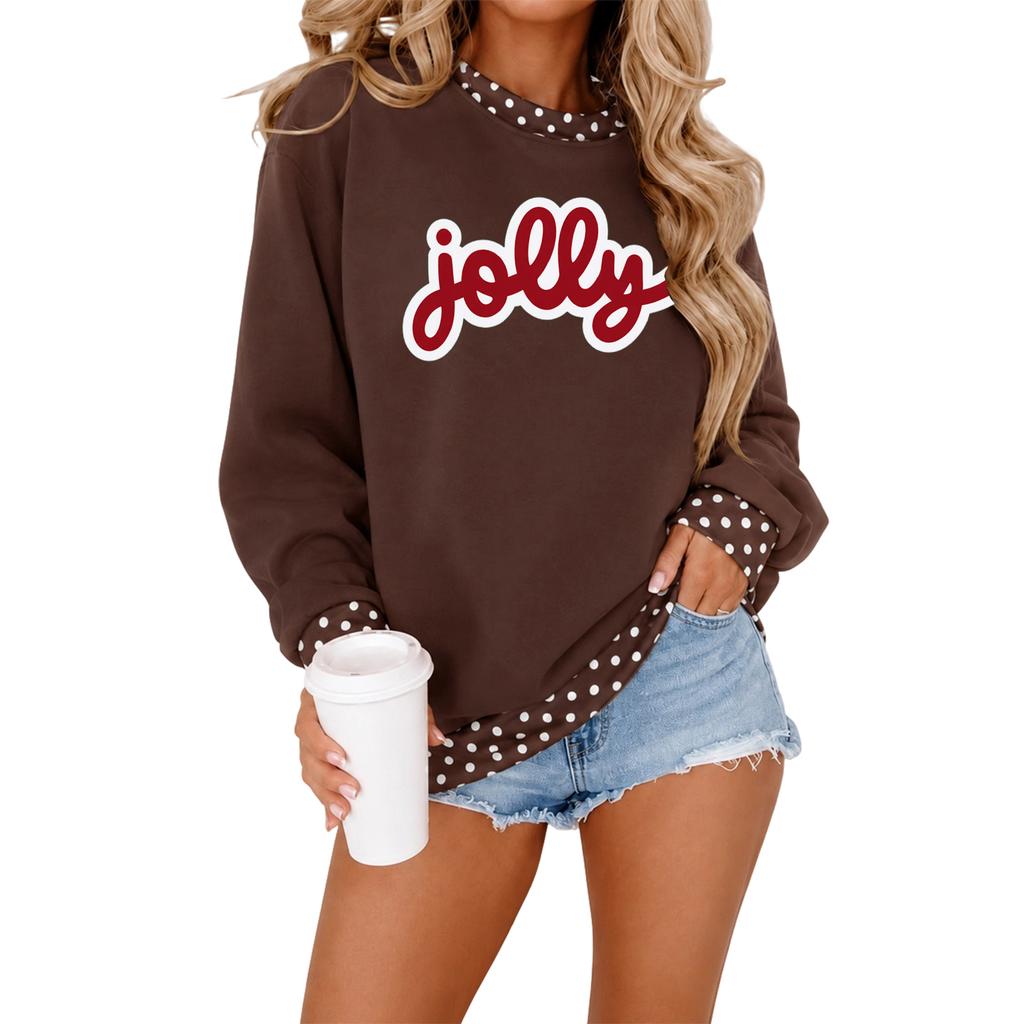Women's Christmas Sweatshirt Casual Letter Polka Dot Color Block Pullover Top for Holiday