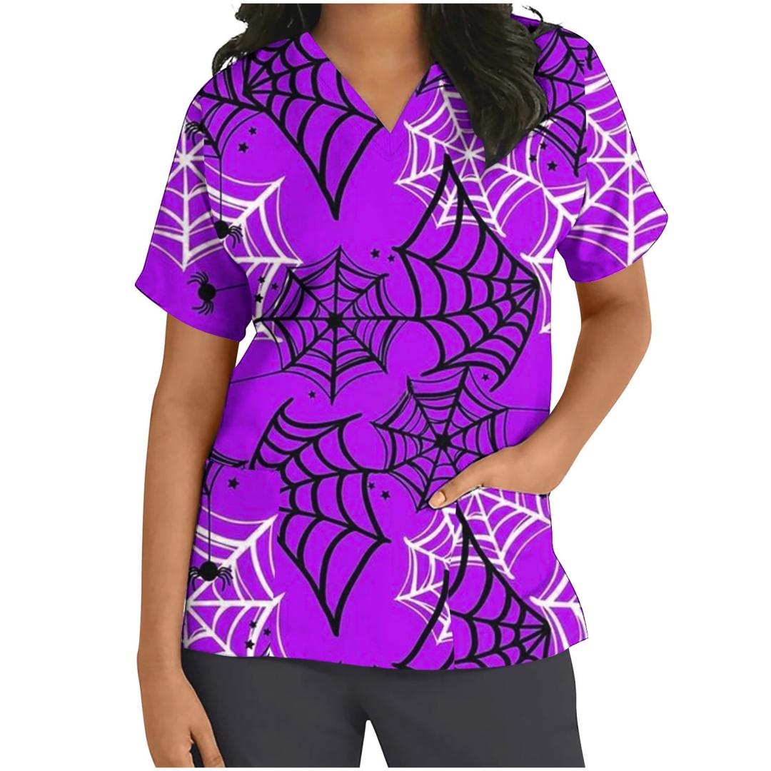 

Fashion Women s Surgical Uniform Spider Web Patterns Happy Print V-Neck Nursing Short Sleeve Tops Medical Staff Clinical Uniform S