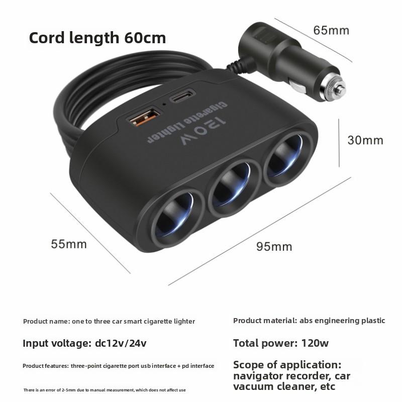 Multifunctional Car Charger, Car Charger, Cigarette Lighter, One To Three with USB + PD Fast Charging Interface 12V24V Universal