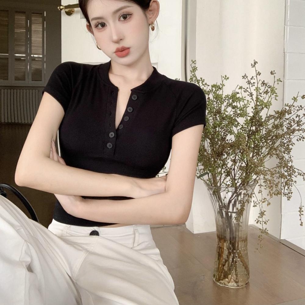 V Neck Button T Shirt Basic Short Sleeve Crop Top Women T-shirt Casual Tank Top Slim Female Crop Top Fashion Girl Tee Shirt Y2k Streetwear