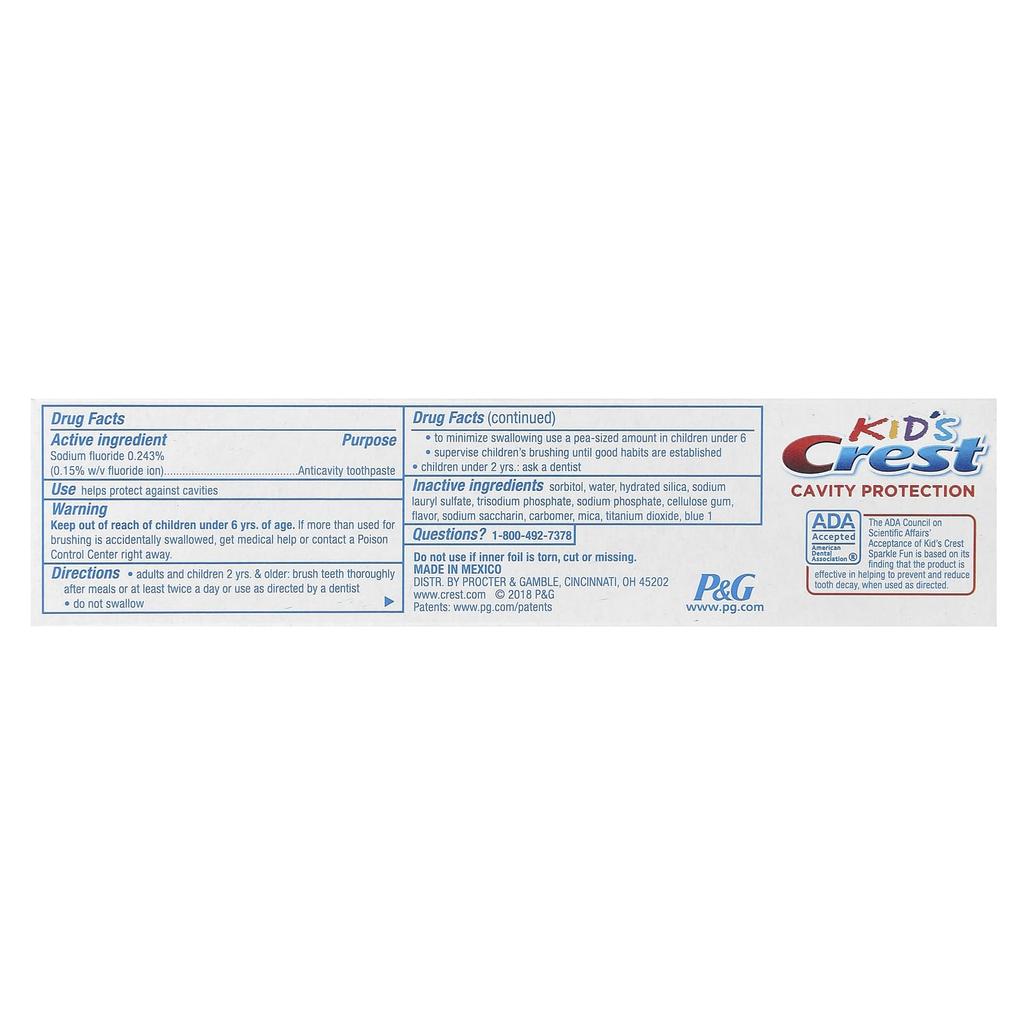 Children's, Cavity Prevention, Fluoride Cavity Prevention Toothpaste, Sparkle Fun, 62G(2.2Oz)
