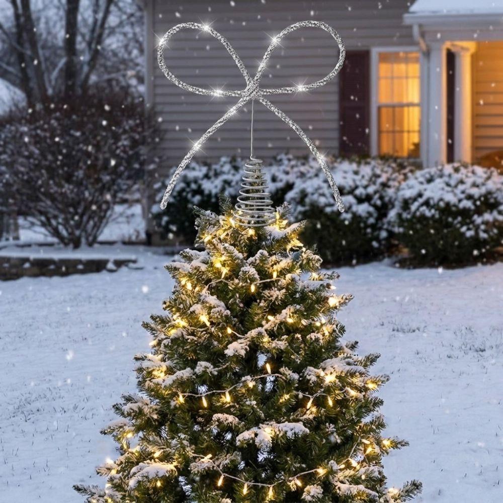 Bow Shaped Christmas Tree Topper Glitter Finish Tree Top Decoration Home Party Decor